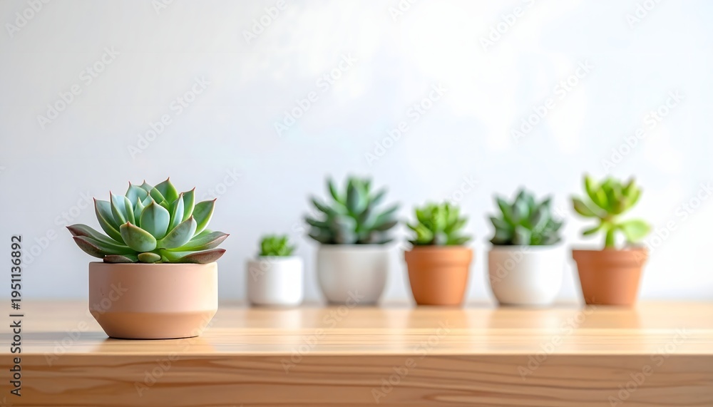 Fototapeta premium Row of succulents in pots on a wooden surface with a white background