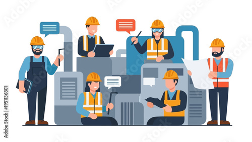 Diverse industrial team collaborating in a modern manufacturing plant, managing operations with digital tools and blueprints