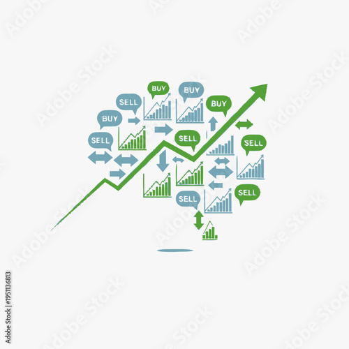Conceptual illustration of the human brain actively engaged in financial market analysis, making strategic buy and sell decisions for investment growth and business success