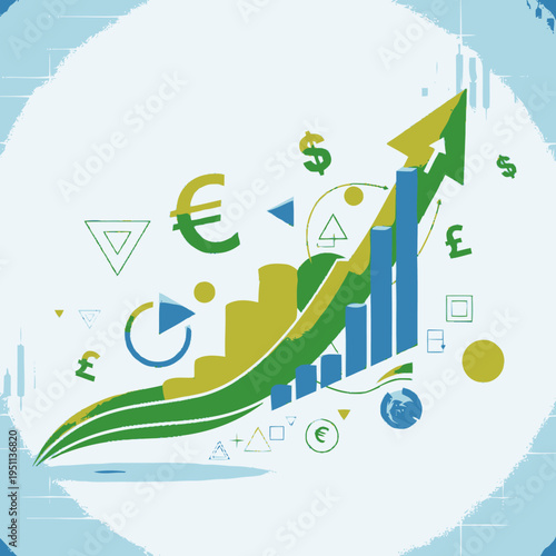 Financial growth and investment concept with upward trending bar charts and currency symbols like Euro and Pound Sterling indicating economic progress