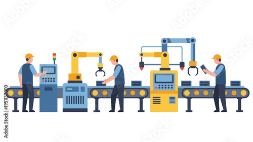 Workers and robotic arms collaborating on an automated production line in a modern industrial manufacturing facility, vector illustration.