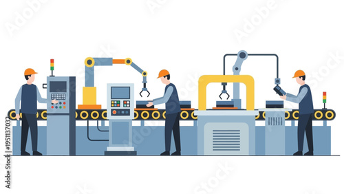 Automated Production Line in Modern Factory with Skilled Workers and Robotic Arms Operating Machinery - Flat Design Illustration.