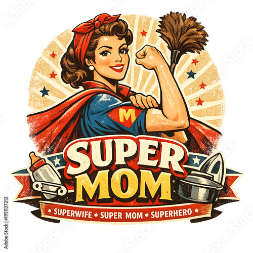 super mom, vintage hero style, superhero mom illustration, retro comic book aesthetic, mom hero character, classic comic design, heroic mother figure, bold vintage colors, empowering mom illustration,