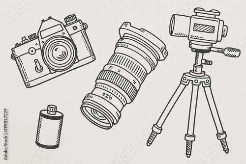 Vintage camera lens film roll and tripod illustration hand-drawn sketch for photography concept isolated on light background
