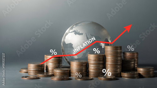 Foto Global inflation concept, Staked coins with rising red arrow and globe crystal for economic financial crisis, cost of living increase, and stock market recession affecting world business growth