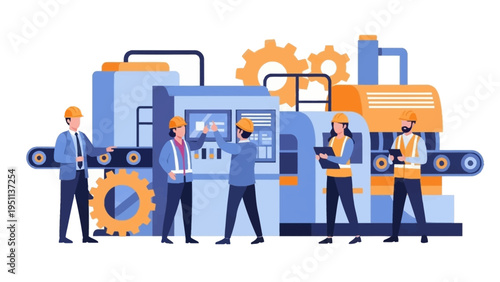 Industrial workers operating modern production line machinery in a factory setting. Flat vector illustration of manufacturing processes and teamwork.