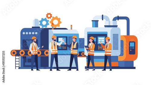 Industrial engineers and factory workers manage automated production lines in a modern manufacturing plant vector illustration.