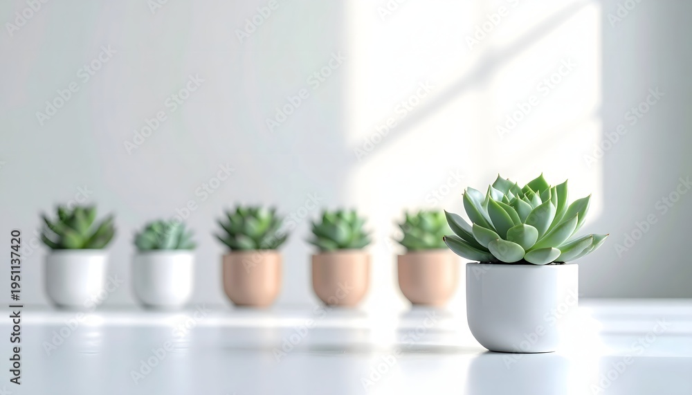 Fototapeta premium Minimalist indoor plants in white and pastel pots arranged in a row