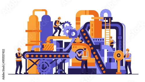 Illustration: Workers operating and maintaining complex industrial machinery and production lines in a factory.