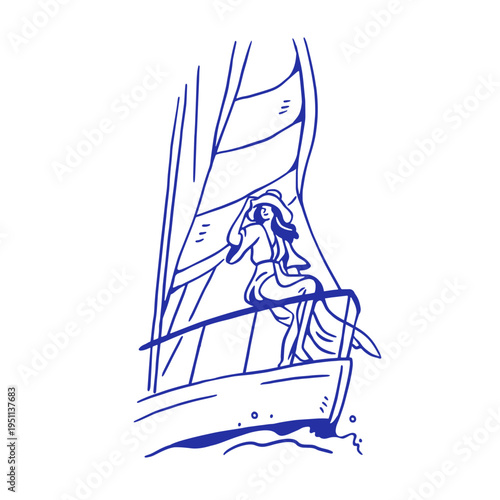 Girl on yacht, Dolce vita Italian vacation. Doodle retro drawing, summer holi...