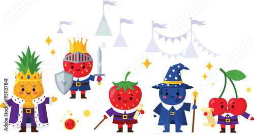 Cute fruit characters fantasy vector set with king pineapple, knight strawberry, wizard blueberry and cherry duo in playful cartoon fairy tale illustration style