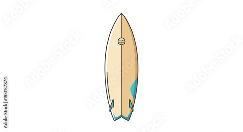 A light brown surfboard with blue accents.