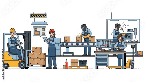Industrial Workers Engaged in Manufacturing Processes and Logistics on a Production Line within a Modern Factory Setting