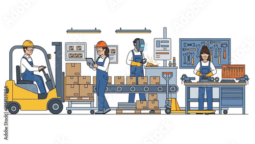 Skilled workers actively engaged in production, logistics, and assembly processes within a busy industrial manufacturing facility