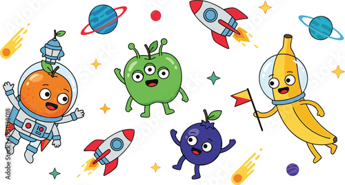 Cute fruit space adventure vector set with astronaut orange, alien apple, banana explorer, blueberry character and rockets in playful cartoon cosmic illustration style
