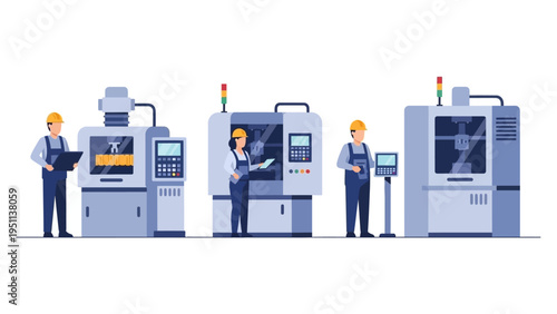 Industrial engineers operating automated manufacturing machinery in a modern factory. Flat vector illustration of precision production processes.