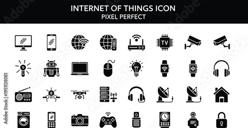 Internet of things icon set featuring smart home technology pixel perfect electronics devices robotics security camera drone wireless connection and digital networking silhouette symbols.