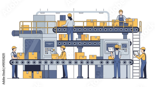 Industrial production line. Workers manage automated conveyor belts moving packages in modern factory. Logistics illustration.