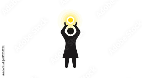 Woman holding glowing orb above head.