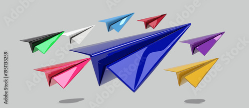 "A professional, high-resolution 3D render collection featuring nine colorful paper planes, isolated on a neutral gray background. The set includes one large blue paper plane in the foreground and eig