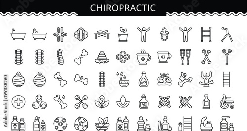 Large set of chiropractic line icons featuring vector symbols of spine health bones massage therapy rehabilitation equipment and wellness treatment for medical healthcare clinic design.