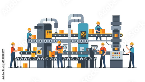 Modern Industrial Production Line Operations: Factory Employees Working with Automated Conveyor Belt Systems and Packaging Machinery