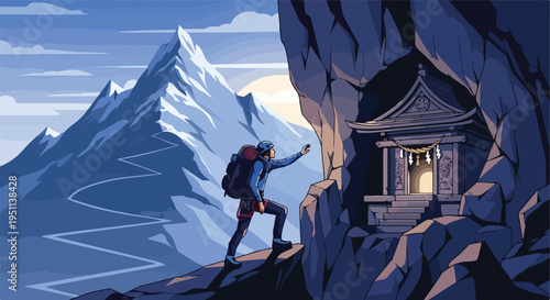 Climber reaches mountain shrine at sunrise under vast sky