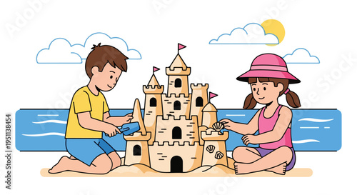 Two children joyfully build an elaborate sandcastle by the ocean under a sunny sky