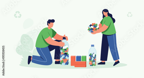 Two people recycling by filling plastic bottles with colorful debris and blocks