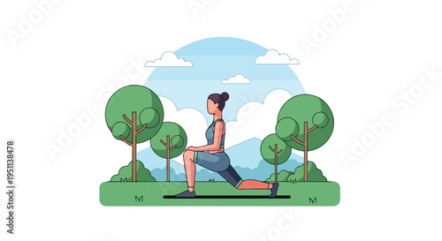 A person performs a lunge stretch in a park with trees and clouds