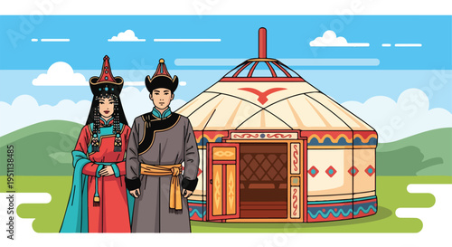 A couple in traditional attire stand before a yurt under a bright blue sky