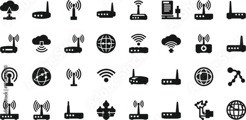 Wireless network router icon set featuring wifi signal symbols cloud computing globe internet connection data transfer and telecommunication technology black silhouette vector graphic elements.