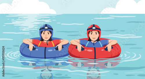 Two people wearing helmets float in inflatable rings on the water