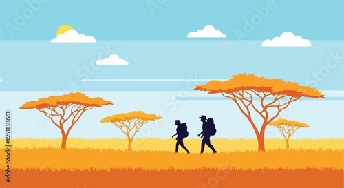 Two hikers trek across a sunny savanna with acacia trees