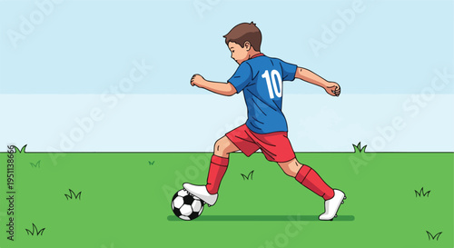 Young athlete in blue jersey with number 10, red shorts, playing soccer on green field