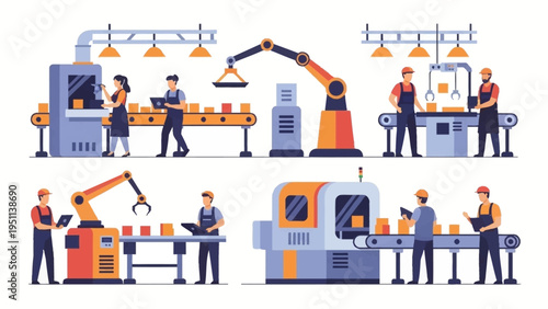Automated Factory Production Lines with Workers and Robotic Arms Processing Goods in an Industrial Plant Setting - Modern Manufacturing Illustration