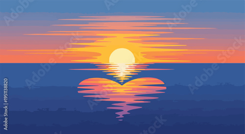 A serene sunset over a calm ocean, with vibrant colors reflected in the water