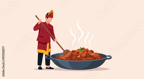 Person in traditional attire stirs a large pot of steaming food, with spices visible