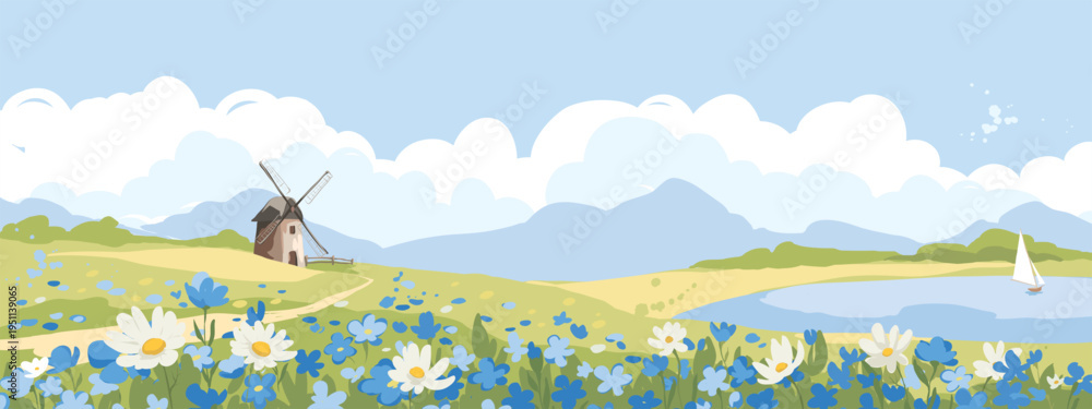Obraz premium Abstract summer landscape -- farm fields. Set vector illustrations, rural view -- fields and meadows, old mill and blue flowers. Hand drawn author's drawing.