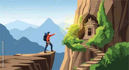 Hiker reaches a sacred shrine nestled in a mountain cliff face