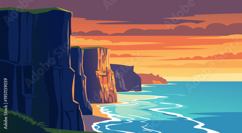 Scenic coastal cliffside vector illustration at sunset with waves crashing on the shore, vibrant orange and yellow sky