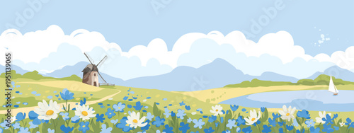 Abstract summer landscape -- farm fields. Set vector illustrations, rural view -- fields and meadows, old mill and blue flowers. Hand drawn author's drawing.