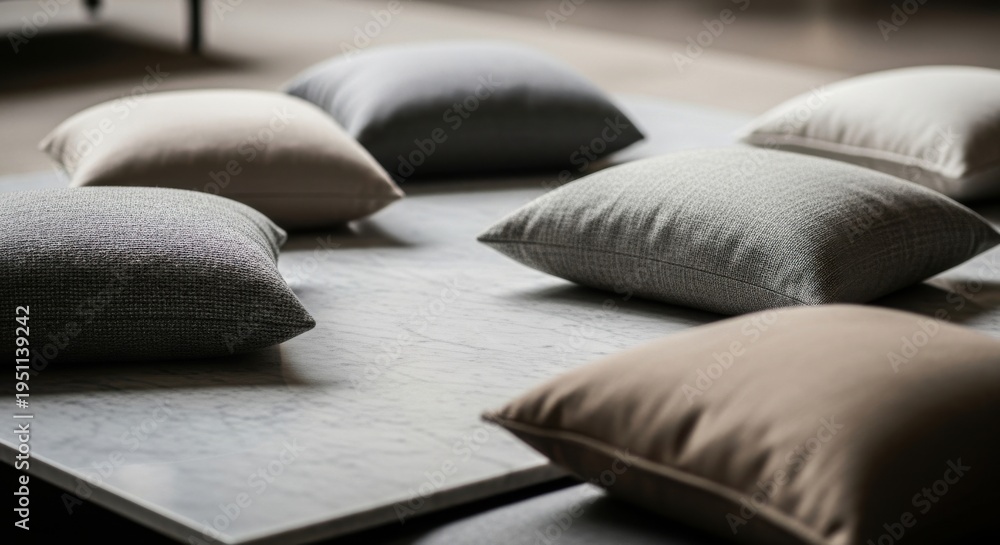 Fototapeta premium A collection of soft textile cushions arranged on a neutral textured surface, evoking comfort and minimalist interior design