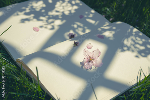 pink cherry flowers on a open notebook lying on the  green grass