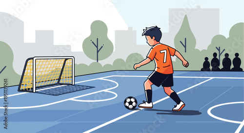 A young soccer player dribbles a ball on an outdoor court near trees and buildings