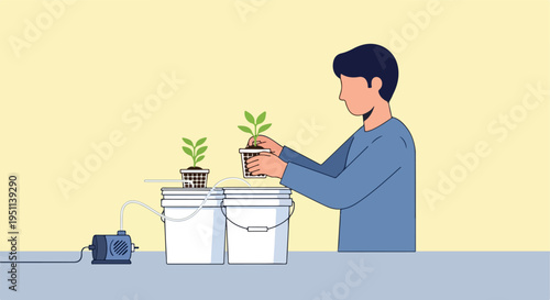 Person tending to plants in a hydroponic system with buckets and a pump