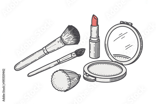 Collection of hand-drawn makeup essentials including brushes lipstick and powder compact perfect for beauty blogs and cosmetic advertising