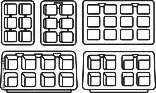 Various types of ice cube trays and their different compartment shapes and sizes. Vector