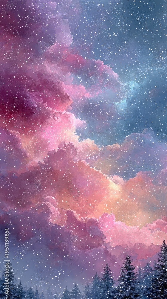 Obraz premium Ethereal Winter Wonderland Illustration: Magical falling snow over a pine forest under a vibrant pastel pink, purple, and blue celestial cloudscape. Dreamy fantasy background.