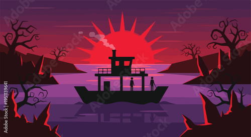 Silhouette of a boat with two figures on deck in a surreal, eerie landscape with dead trees